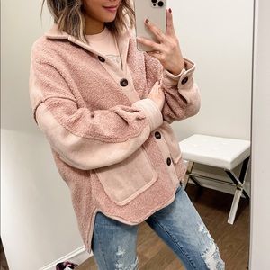 Fuzzy + Faux Suede Two-Toned Terry Boyfriend Shacket